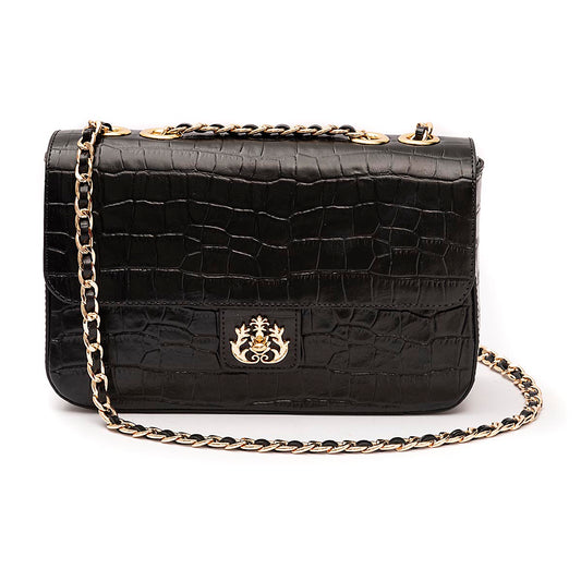 BOLSA BAGUETE ANNE JUMBO COURO MAXI CROCO PRETA OURO