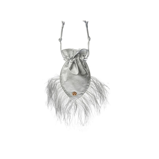 Bolsa em Couro Natural Metalizado e Plumas