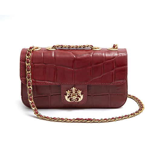 BOLSA ANNE EM COURO CAIMAM BORDÔ OURO