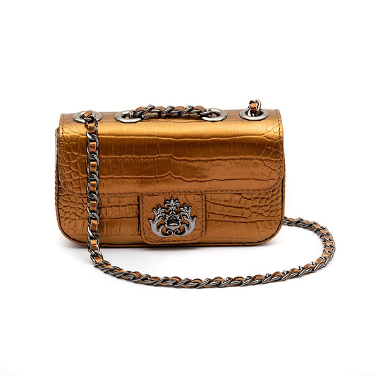 Mini Bolsa Anne Em Couro Natural NEW CROCO BRONZE ONIX