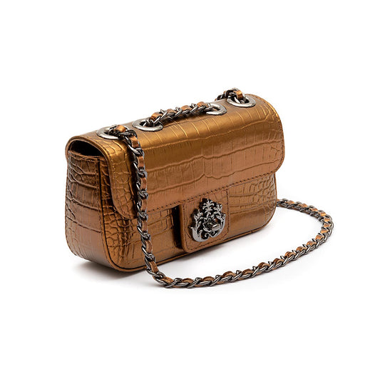 Mini Bolsa Anne Em Couro Natural NEW CROCO BRONZE ONIX