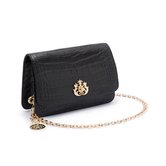 BOLSA CARTEIRA COM CORRENTE TRANSVERSAL FOREVER NEW CROCO PRETO OURO