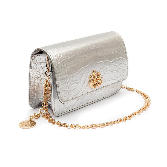 BOLSA CARTEIRA COM CORRENTE TRANSVERSAL FOREVER NEW CROCO PRATA OURO