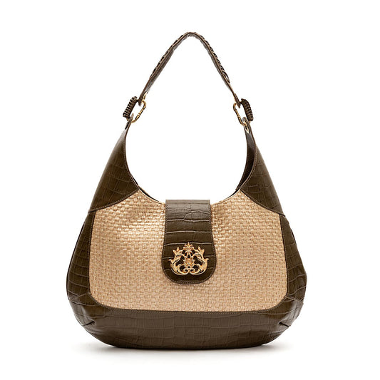 BOLSA MOON MAXI CROCO OLIVA PALHA DAMIER NATURAL
