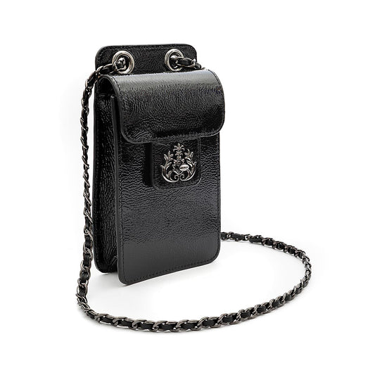 POUCH ANNE COM TAMPA EM COURO GLOSS PRETO ONIX