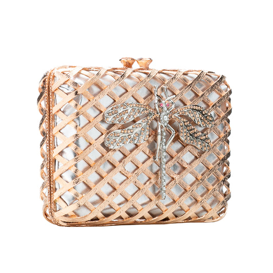 BOLSA CLUTCH METAL TRAMA COM LIBÉLULA EM CRISTAIS OURO ROSA