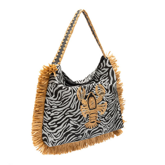 BOLSA HOBO FRANJA JACQUARD ZEBRA P & B LAGOSTA