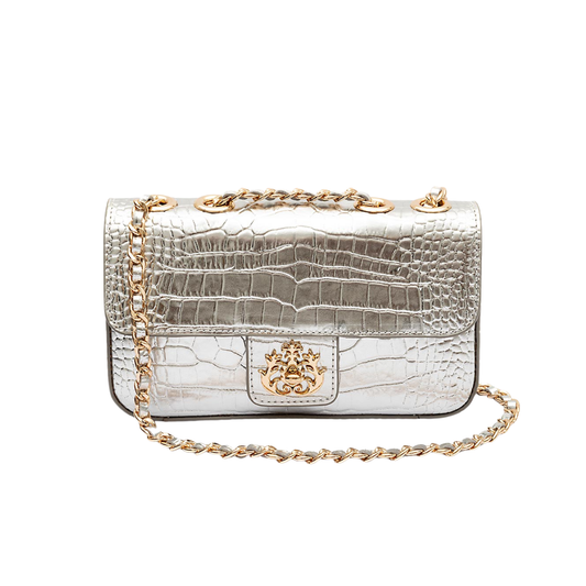 BOLSA ANNE EM COURO NEW CROCO PRATA OURO