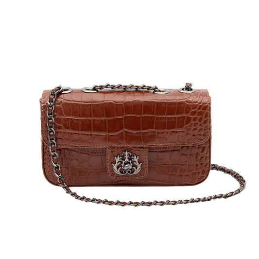 BOLSA ANNE EM COURO NEW CROCO CASTANHO ONIX