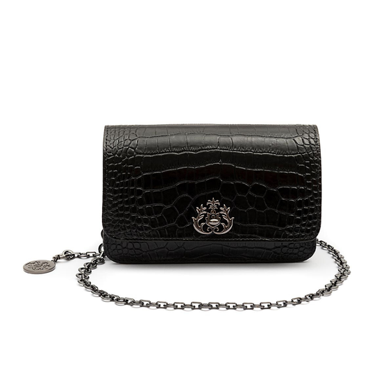 BOLSA CARTEIRA COM CORRENTE TRANSVERSAL FOREVER NEW CROCO PRETO ONIX