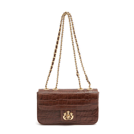 BOLSA ANNE EM COURO NEW CROCO PINHÃO OURO