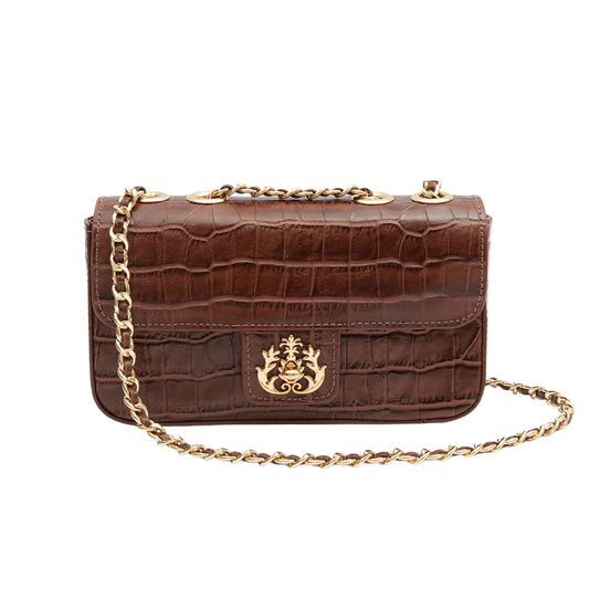 BOLSA ANNE EM COURO NEW CROCO PINHÃO OURO