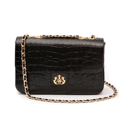 Bolsa Anne Jumbo em Couro Natural Maxi Croc Preto Ouro