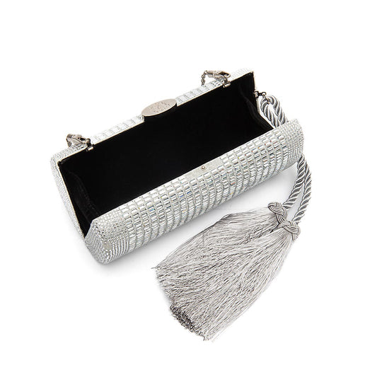 Bolsa Clutch Cilíndrica de Cristais Prata