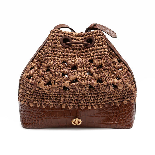 BUCKET CAMELLIA MESCLA COURO CASTANHO RAFIA LEITE