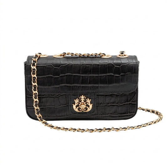 BOLSA BAGUETE ANNE PEQUENA COURO NEW CROCO PRETO OURO