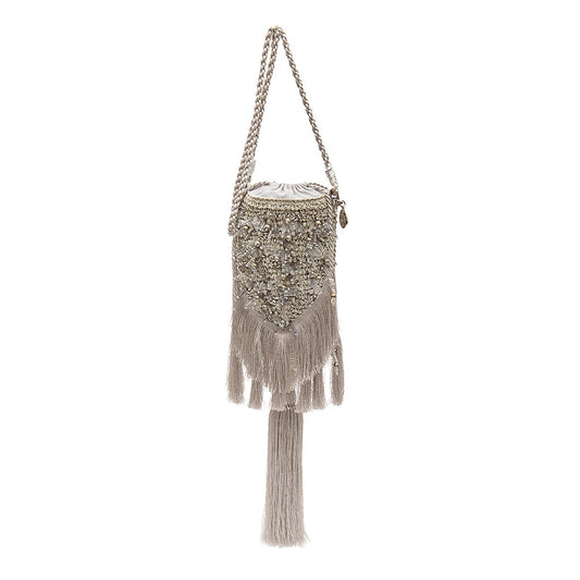 BOLSA BUCKET CROSSBODY RÁFIA AREIA PRATA