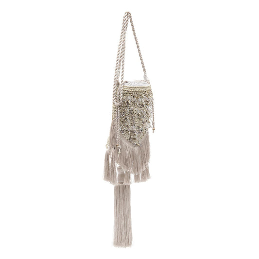 BOLSA BUCKET CROSSBODY RÁFIA AREIA PRATA