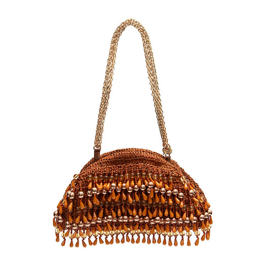 BOLSA POUCH CAPRI RÁFIA COM CONTAS CACAU