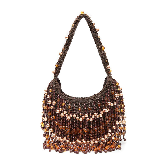 BOLSA HOBO HERA RÁFIA CONTAS EM RESINA CAFÉ