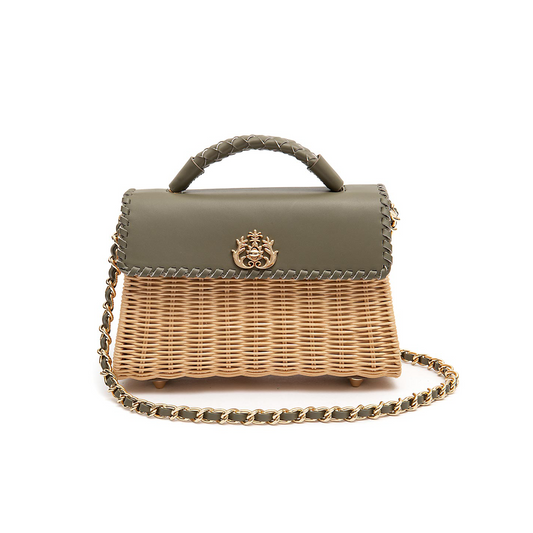 SELENE TOP HANDLE RATTAN AND LEATHER BAG OLIVE