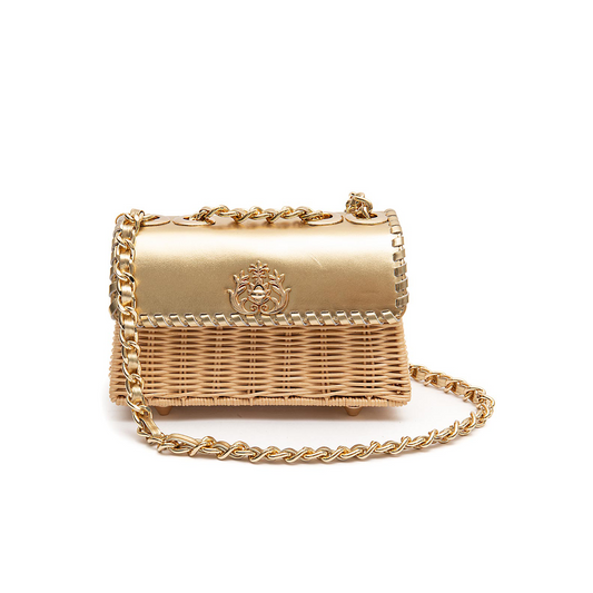 BOLSA MINI SELENE PEQUENA RATTAN COURO OURO MEL
