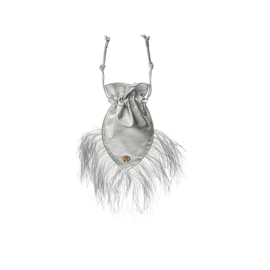 Bolsa em Couro Natural Metalizado e Plumas