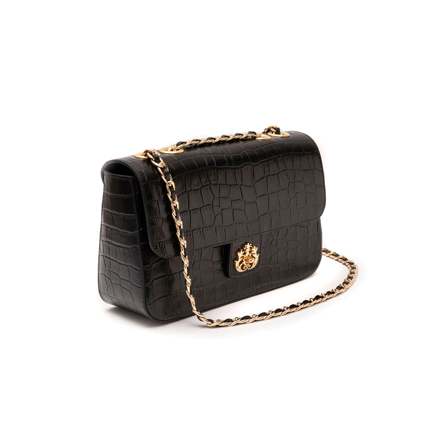 Bolsa Anne Jumbo em Couro Natural Maxi Croc Preto Ouro