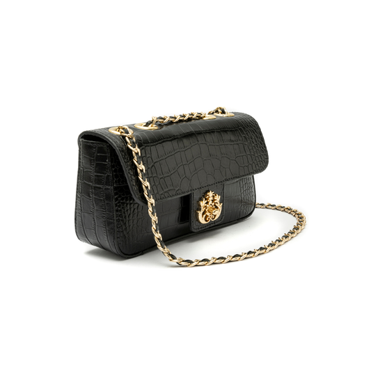 BOLSA ANNE EM COURO NEW CROCO PRETO OURO