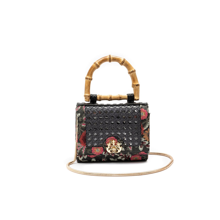MINI BOLSA DIANA FLAP PALHA FIORI BORDADA E SEXTAVADA FRIDA PRETO