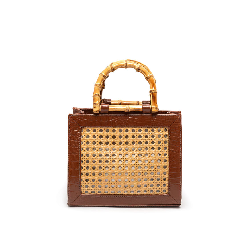 BOLSA DIANA MÉDIA EM COURO NATURAL  E PALHA INDIANA MAXI CROCO  PINHÃO