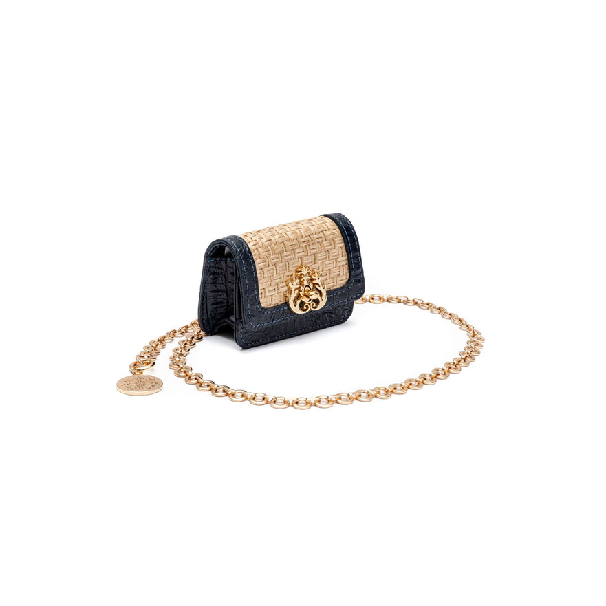 NANO BOLSA EM PALHA COM CORRENTE TRANSVERSAL - FOREVER PALHA DAMIER COURO MARINHO