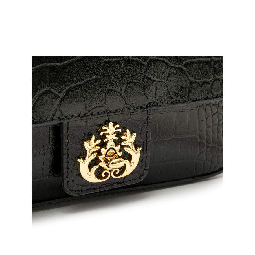 BOLSA ANNE EM COURO NEW CROCO PRETO OURO