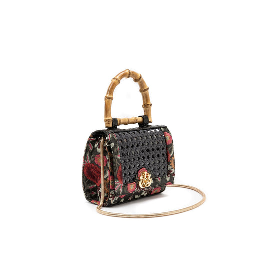 MINI BOLSA DIANA FLAP PALHA FIORI BORDADA E SEXTAVADA FRIDA PRETO