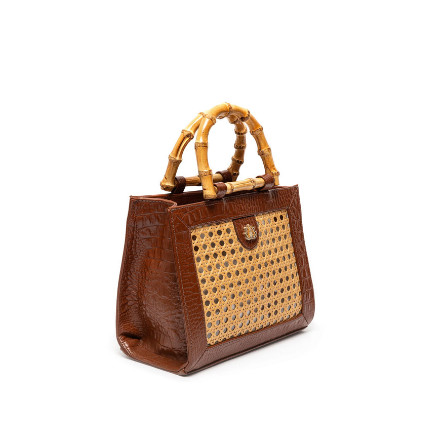 BOLSA DIANA MÉDIA EM COURO NATURAL  E PALHA INDIANA MAXI CROCO  PINHÃO