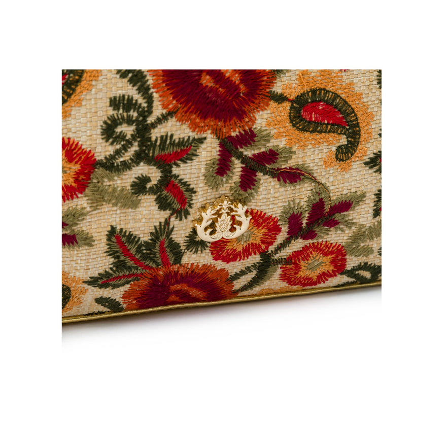 MINI BOLSA DIANA FLAP PALHA FIORI BORDADA E COURO FRIDA CARAMELO