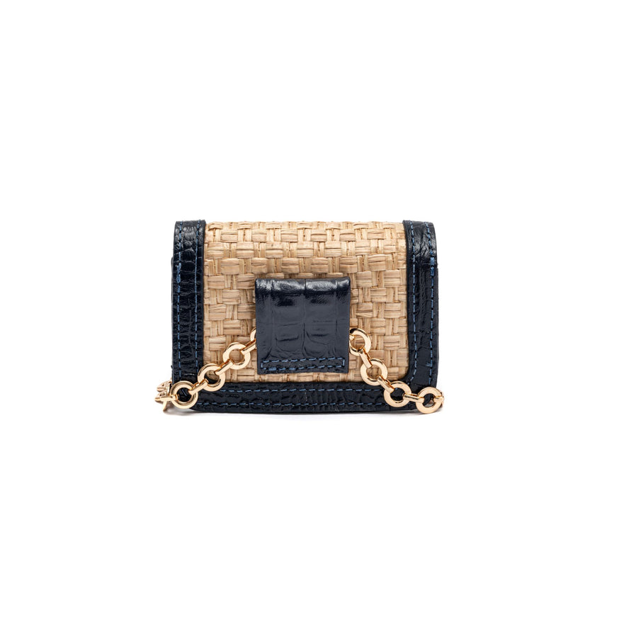 NANO BOLSA EM PALHA COM CORRENTE TRANSVERSAL - FOREVER PALHA DAMIER COURO MARINHO