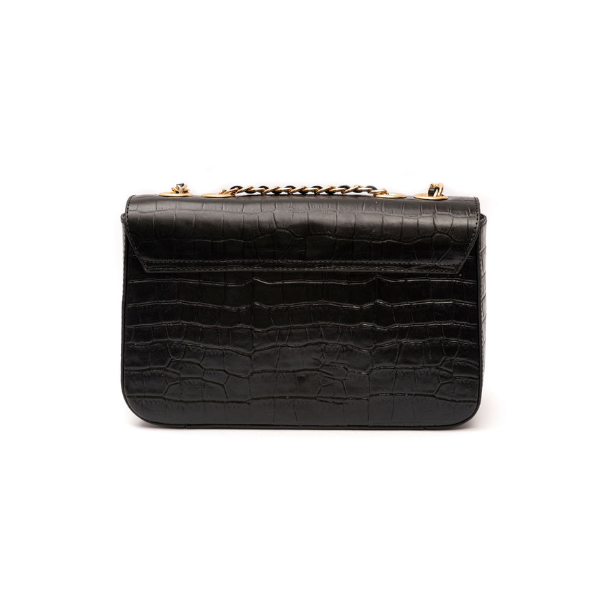 Bolsa Anne Jumbo em Couro Natural Maxi Croc Preto Ouro