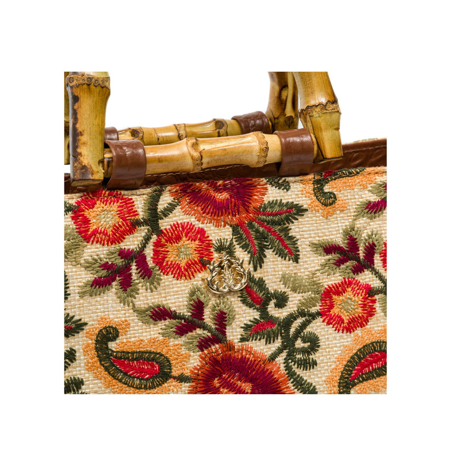BOLSA DIANA MÉDIA PALHA FIORI BORDADA E COURO