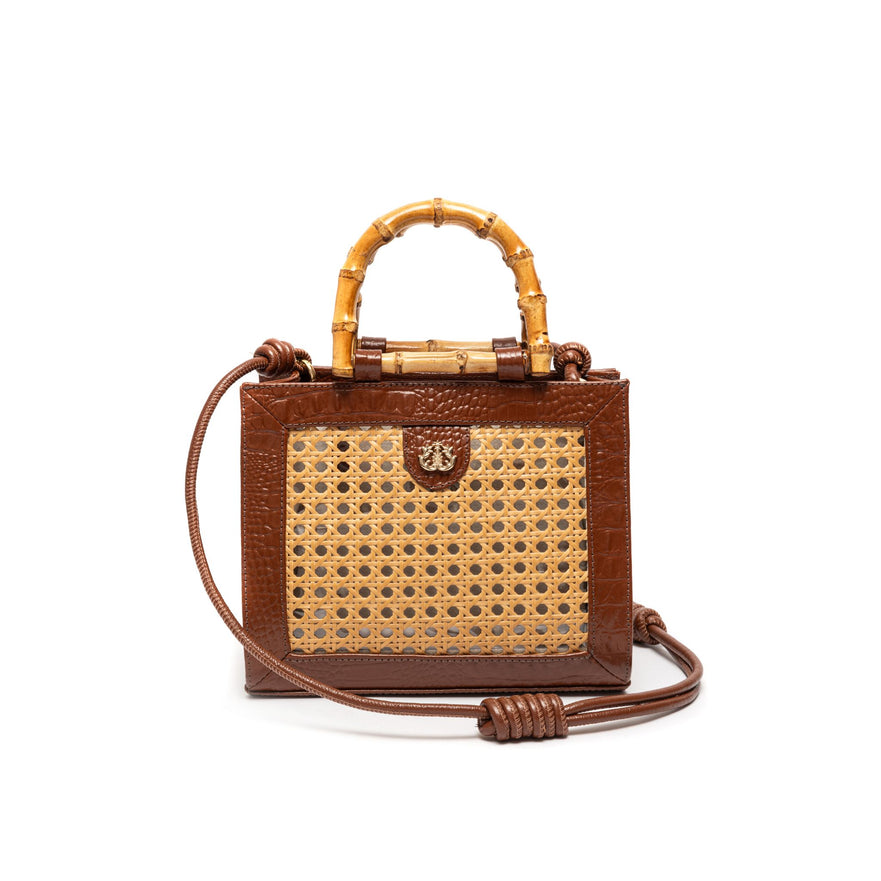 BOLSA DIANA MÉDIA EM COURO NATURAL  E PALHA INDIANA MAXI CROCO  PINHÃO