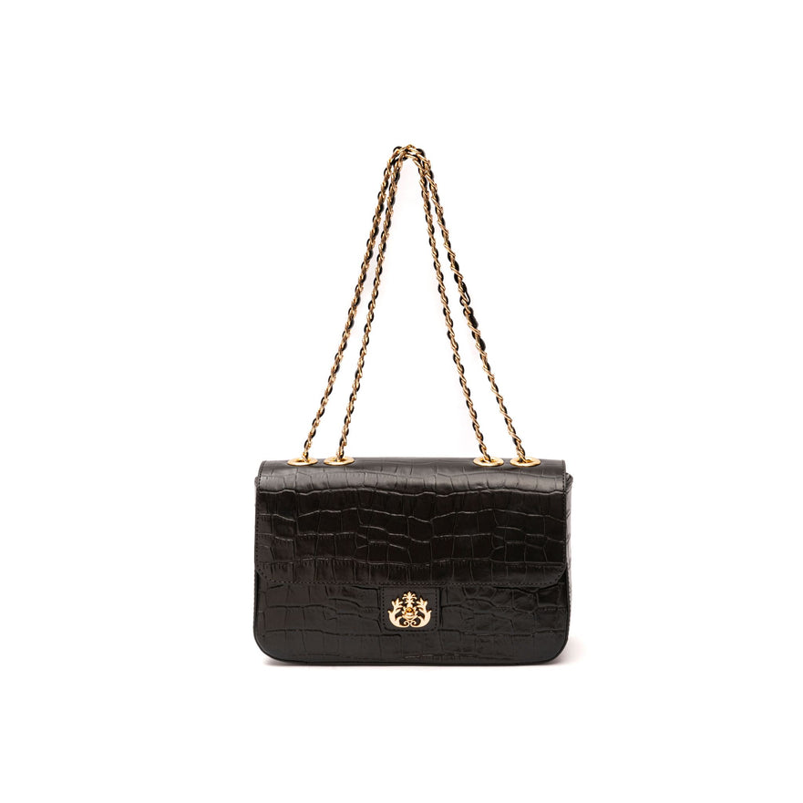 Bolsa Anne Jumbo em Couro Natural Maxi Croc Preto Ouro