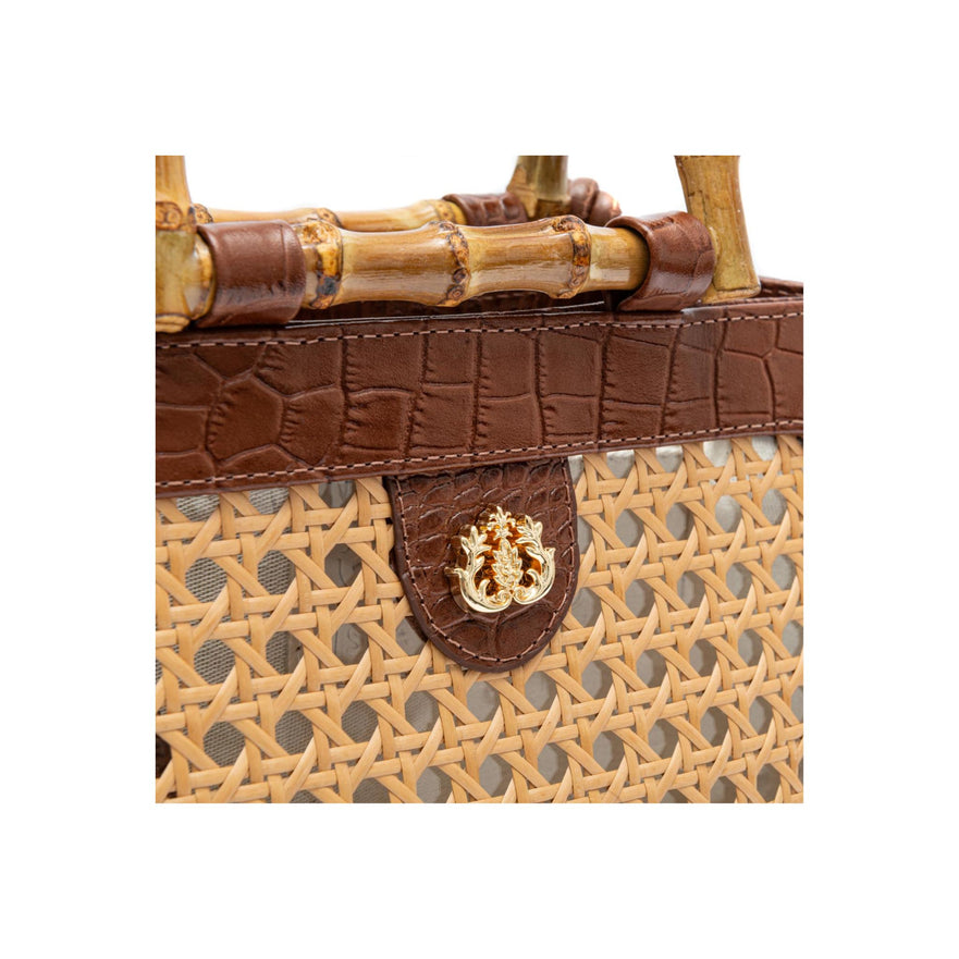 BOLSA DIANA MÉDIA EM COURO NATURAL  E PALHA INDIANA MAXI CROCO  PINHÃO