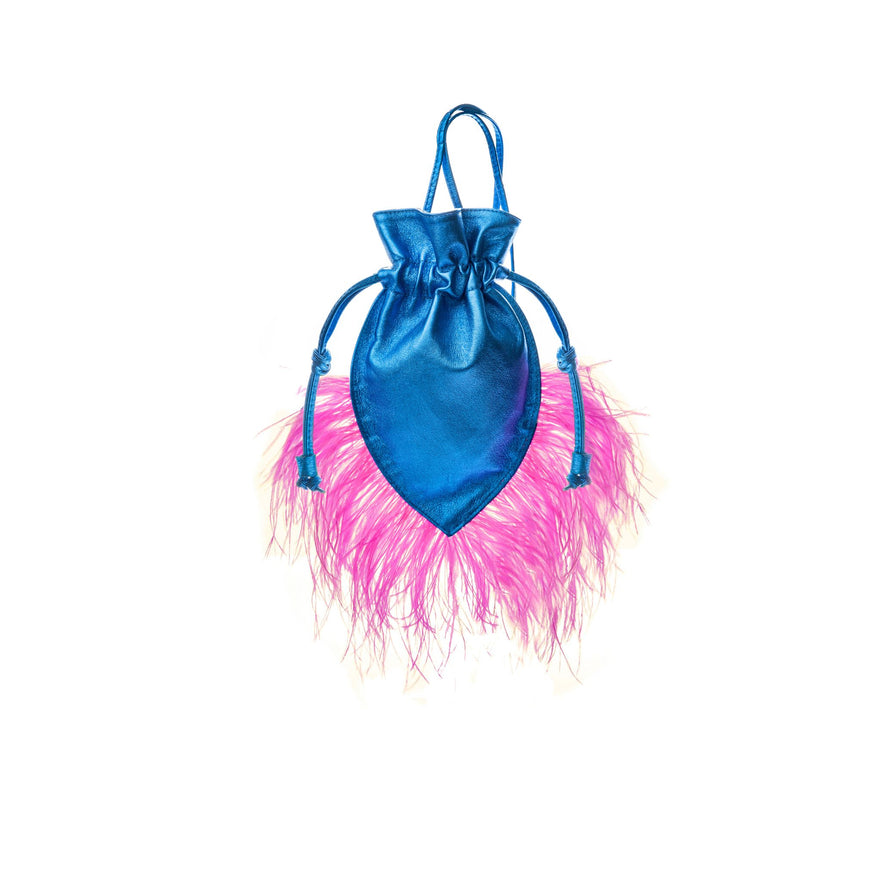 Bolsa em Couro Natural Metalizado e Plumas