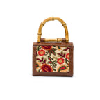 MINI BOLSA DIANA FLAP PALHA FIORI BORDADA E COURO FRIDA CARAMELO