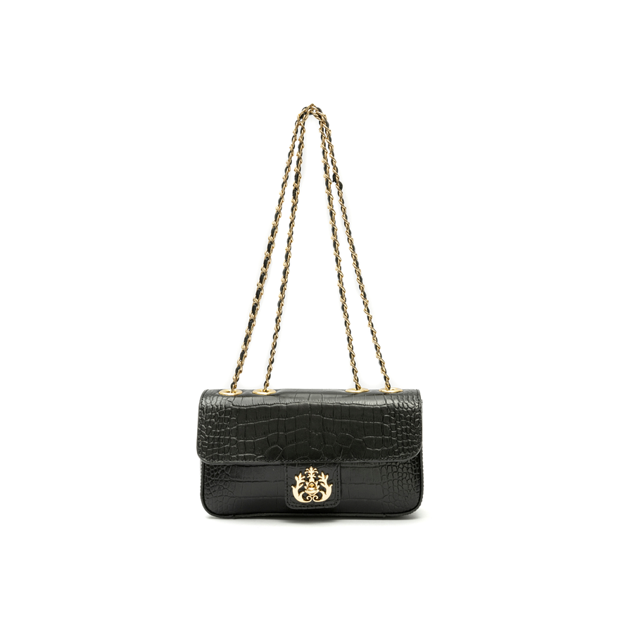BOLSA ANNE EM COURO NEW CROCO PRETO OURO