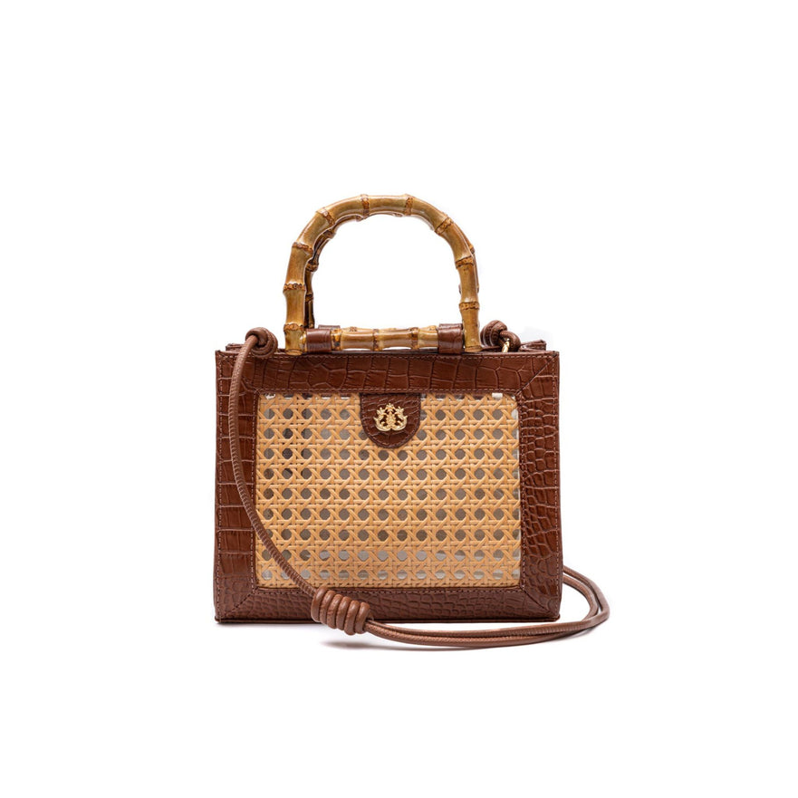 BOLSA DIANA MÉDIA EM COURO NATURAL  E PALHA INDIANA MAXI CROCO  PINHÃO