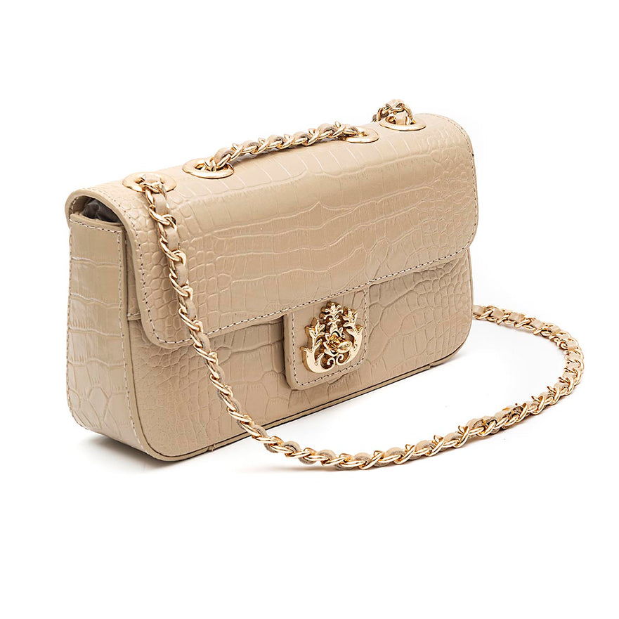 BOLSA ANNE EM COURO NATUAL NEW CROCO NATA OURO