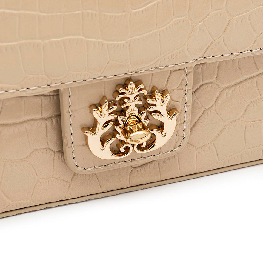 BOLSA ANNE EM COURO NATUAL NEW CROCO NATA OURO