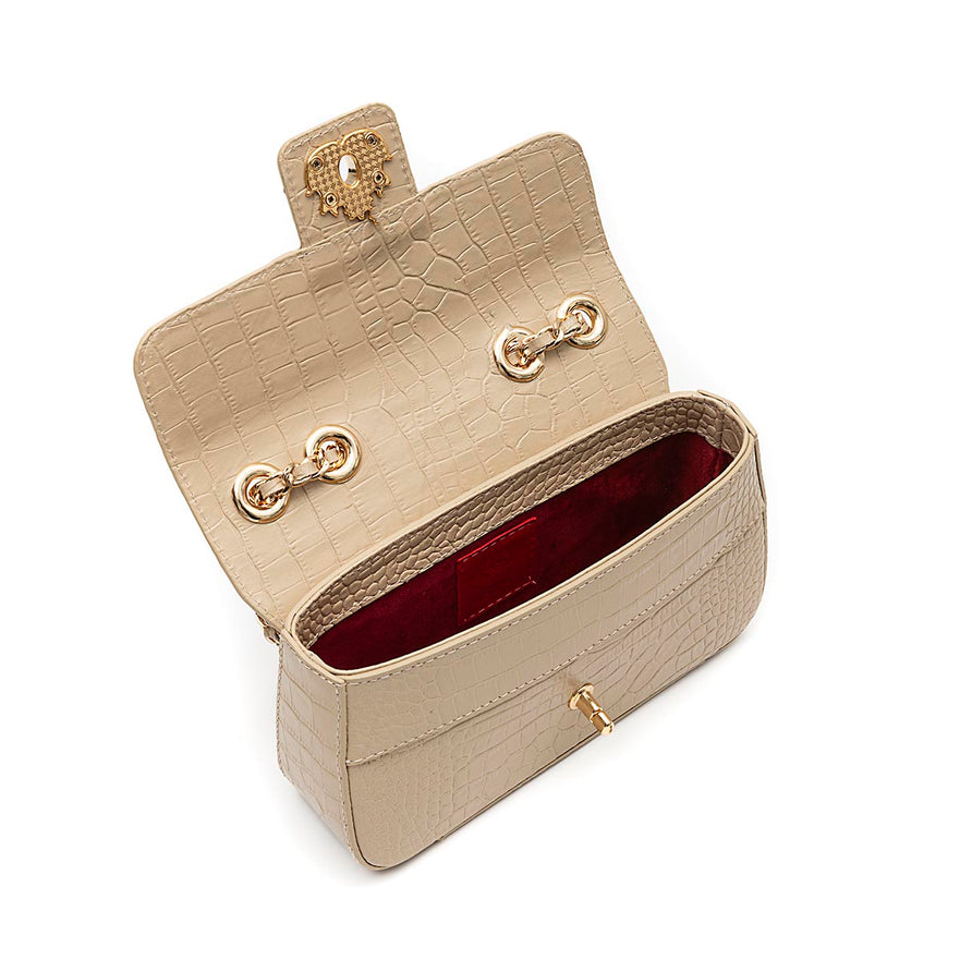 BOLSA ANNE EM COURO NATUAL NEW CROCO NATA OURO