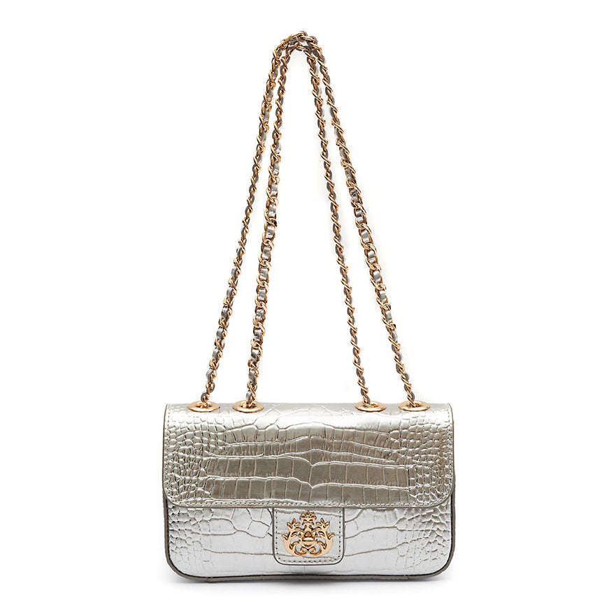 BOLSA ANNE EM COURO NEW CROCO PRATA OURO
